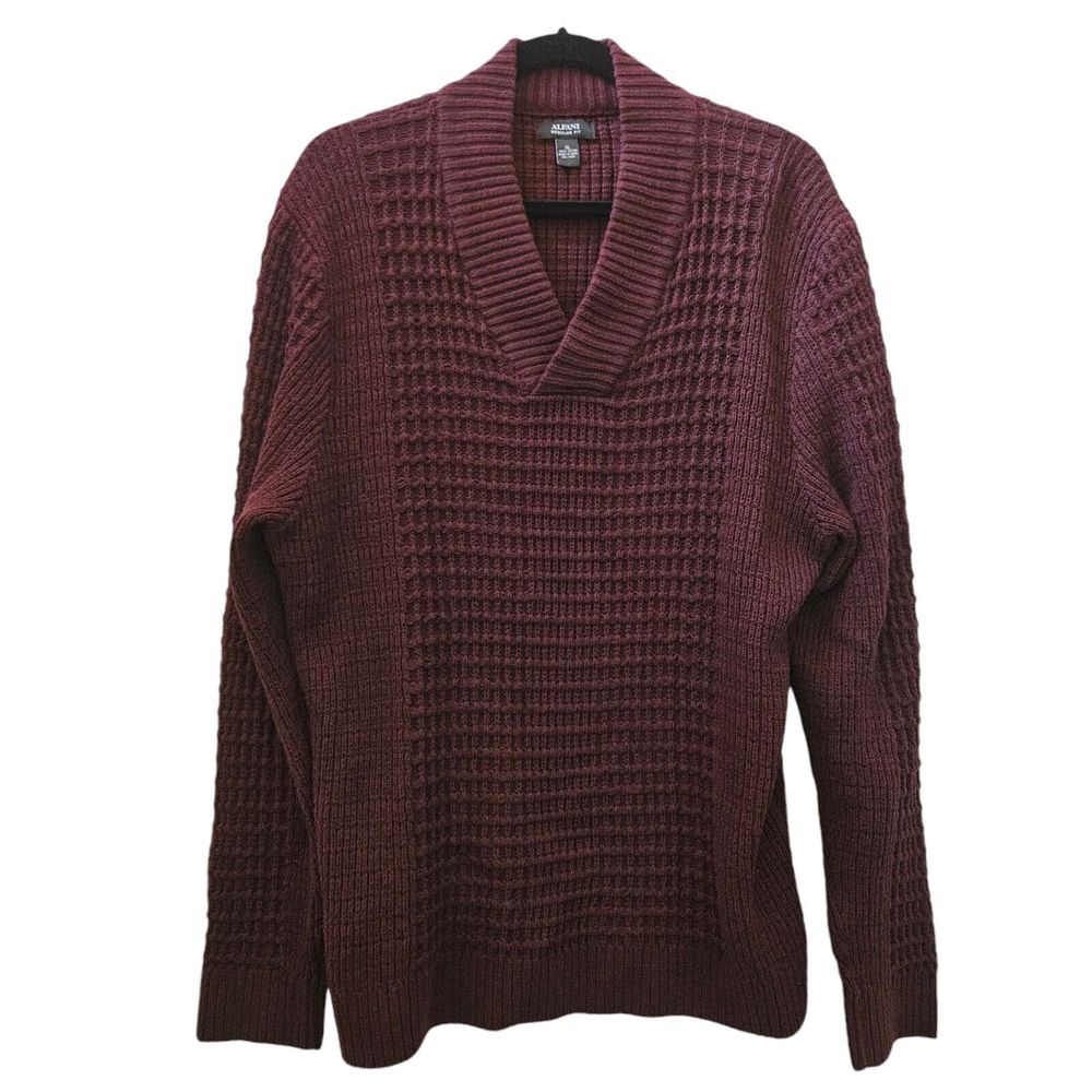 Alfani Mens Size XL Textured Pullover Sweater Red Shawl Collared Tight‎ Knit L/S